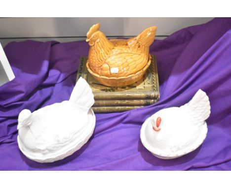 Three vintage ceramic chicken form egg holders including Portmeirion and Westfield Art Pottery