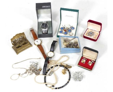 A collection of costume jewellery, to include a simulated pearl two-strand choker, various white metal chains, and wristwatch
