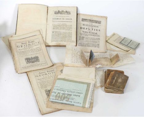A collection of 18th century and later ephemera, to include six George II and III Acts of Parliament, including establishing 