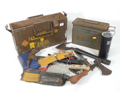 A collection of militaria, to include a WWII RAF escape axe, the steel blade with Air Ministry stamp, having a rubber covered