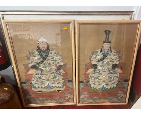 A Chinese scroll painting; together with three pieces of Asian artEach scroll painting 82.5 x 53cm.