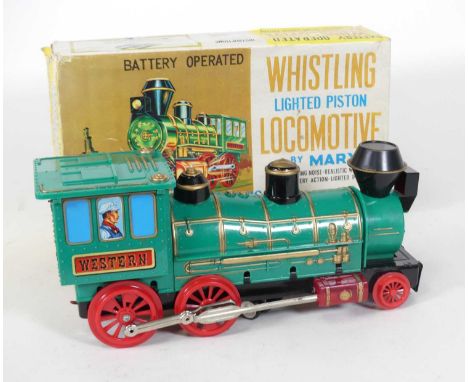 A Marx Toys (Louis Marx &amp; Co Ltd) battery operated whistling lighted piston locomotive, in original box 