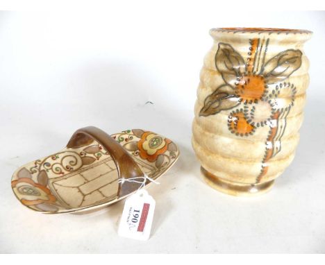 Charlotte Rhead for Crown Ducal - a tube-line and underglaze decorated vase, of ribbed form, tube-lined signature to the unde