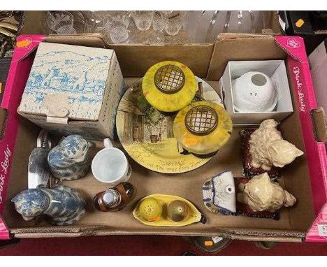A collection of ceramics to include a pair of Rye pottery cats, modelled seated, height 14cm, and a Royal Doulton series ware