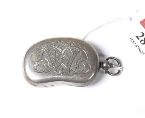 A George V silver sovereign case, of kidney shape, the hinged cover with engraved monogram, opening to reveal typical sprung 