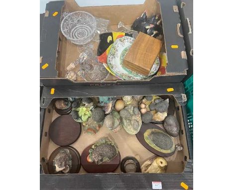 Two boxes of miscellaneous items, to include Border Fine Arts hedgehogs, cut glass, decanter tops, glass marbles etc 