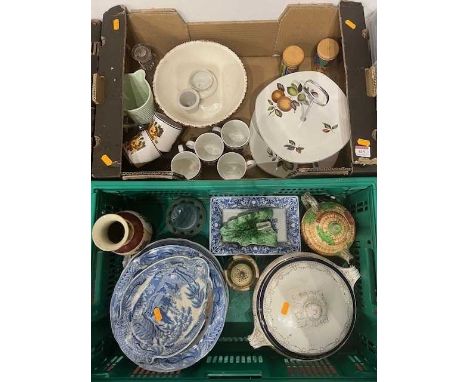 Three boxes of ceramics, to include cut glass decanters, John Lewis wine glasses, blue and white transfer decorated plates et