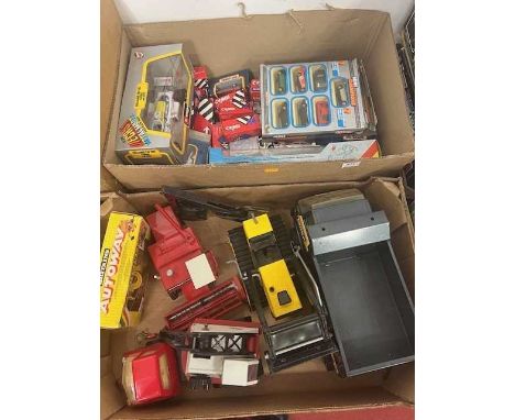 Two boxes of toys and models, to include Tonka construction vehicles, Corgi Diecast, Matchbox, Burago etc 