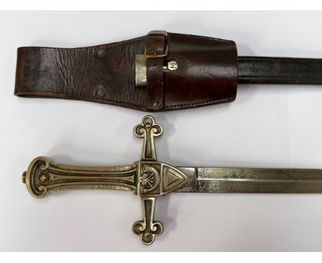 A Victorian Rifle Volunteers Bandsman’s sword, cross-hilted with strung bugle design, with steel mounted leather scabbard and