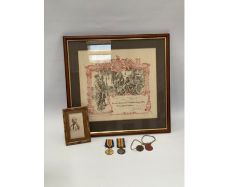 A WWI pair of medals named to 2525 PTE. W. HARRIES GLAM. YEO. (spelt incorrectly, should be HARRIS), together with dog tags, 