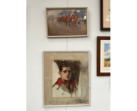 A watercolour depicting the Queen's Guards on horseback, together with a portrait (2) 