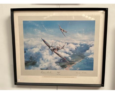 A first edition print after Robert Taylor "Spitfire", signed by Douglas Bader and Johnnie Johnson, framed and glazed 