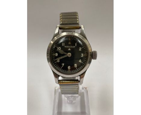 A Jaeger LeCoultre RAF issue wristwatch Mk XI circa 1948, stainless steel case, black dial with broad arrow, back of case mar