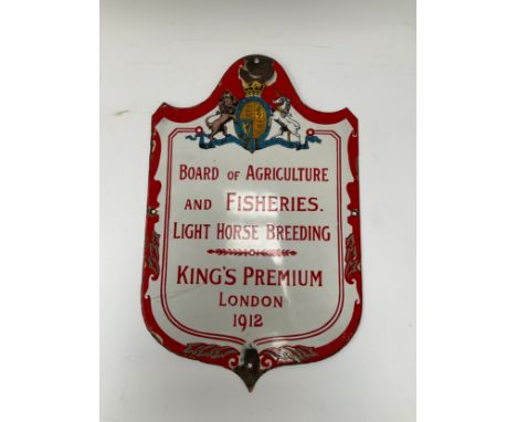 A Board of Agriculture and Fisheries Light Horse Breeding 'King's Premium London 1931' enamel sign 