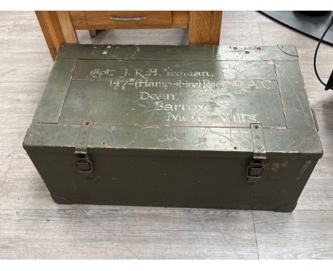 A WWII German trunk / ammunition box, green painted, the inner lid with Nazi labels, painted with later Captain J.R.H. Yeoman
