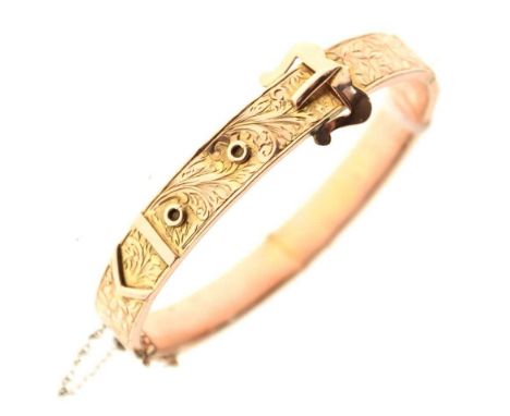 9ct gold engraved belt buckle-design snap bangle, 10g approx
