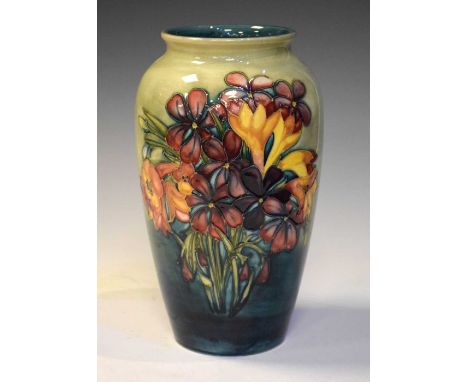 Walter Moorcroft 'Spring Flowers' pattern vase on blue/green ground, painted W.M. initials in blue and impressed marks to the