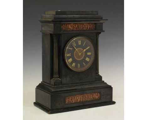 Large French black slate mantel clock, circa 1900, with gilt-incised Roman chapter ring, the architectural case with copper r