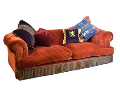 Tetrad 'Victoria' sofa in red velvet covering, 304cm x 107cm x 72cm high