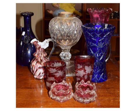 Quantity of glass ware to include blue glass carafe, cranberry glass, cut glass lamp etc
