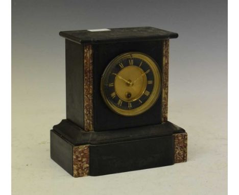 French black slate and rouge marble mantel clock, with black chapter ring having incised gilt Roman numerals framing engine-t