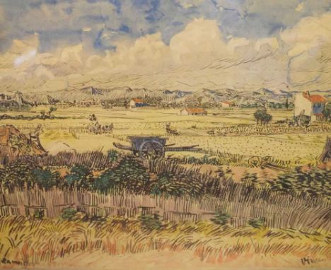 After Van Gogh - Coloured lithographic print - 'La Moisson en Provence', inscribed verso 'I.L.E.A. Picture Loan Collection 30