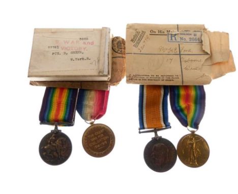 Two First World War medal pairs awarded to S-312010 Pte. H. E. Ford of the Army Service Corps, the other awarded to 77761 Pte