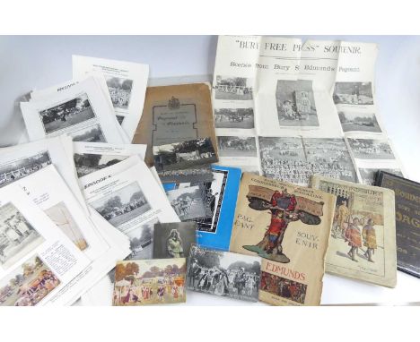 A collection of postcards and ephemera relating to the 1907 Bury St Edmunds pageant, comprising real photograph postcards of 