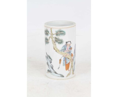 A Chinese porcelain brush pot, enamel decorated with a figure climbing a tree, red enamel seal mark to the underside, height 