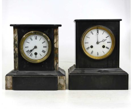 A Victorian black slate cased mantel clock, of typical form, having an enamelled dial with Roman numerals and twin winding ho