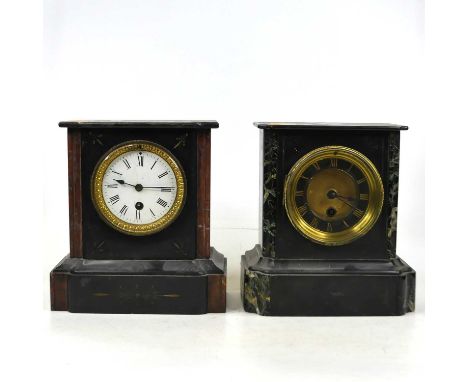 A Victorian black slate and rouge marble cased mantel clock, of typical form having an enamelled dial with Roman numerals and