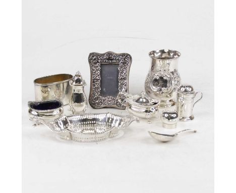 A George III silver tea caddy spoon in the Thread pattern, having an engraved bowl; together with various other silver items 