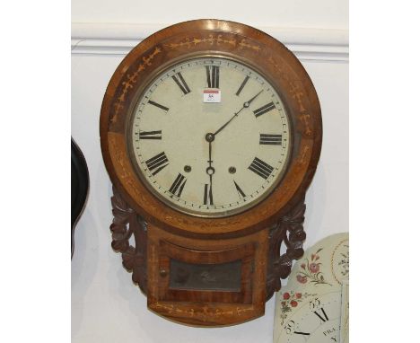 A Victorian walnut and satin wood inlaid cased drop trunk wall clock having a circular enamel dial with Roman numerals and ei
