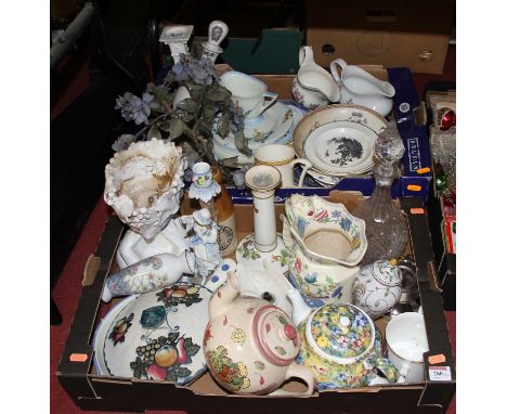 Two boxes of ceramics to include Royal Doulton Leonora pattern tea wares and continental porcelain figural candlestick