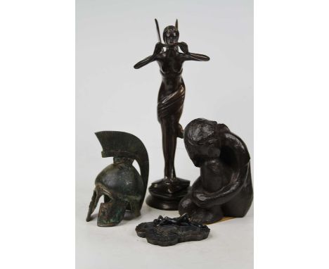 A bronzed figure of a fairy, height 34cm, together with an Austin sculpture figure of a young girl, a bronzed model of an anc