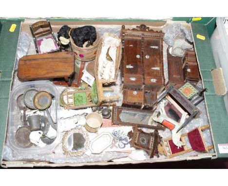 A box of assorted dolls house furniture, to include armoire, longcase clock, highback chair, refectory type table etc 