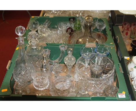 Two boxes of miscellaneous glass ware to include smoky glass decanter and stopper of mallet shape, textured glass table bowl,