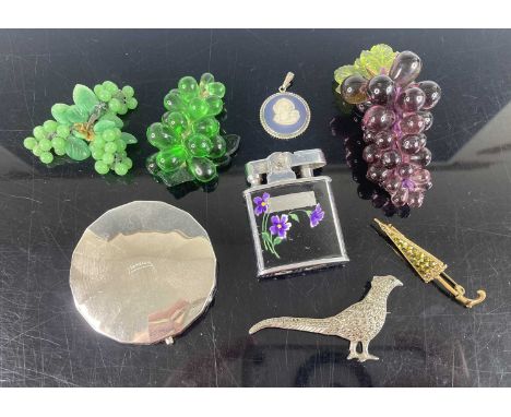 Assorted costume jewellery to include beaded glass bunch of grapes pendants, Wedgwood blue jasper pendant, ladies powder comp