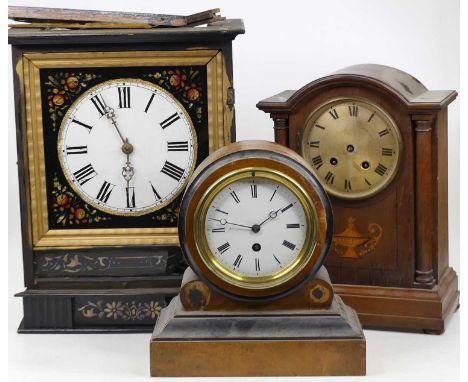 A Victorian walnut and ebonised cased drum head mantel clock, having an enamelled dial with Roman numerals and single winding