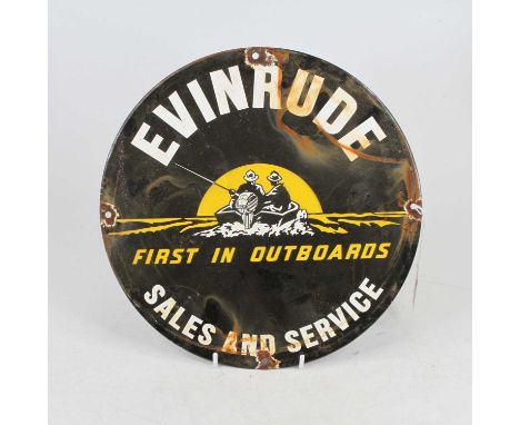 An enamel advertising sign for Evinrude Sales &amp; Service, dia. 30cm