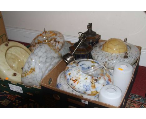 A pair of leaded glazed and stained glass light fittings, each of hexagonal form, together with various other light shades, t