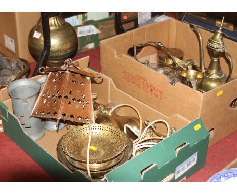 Two boxes of miscellaneous items, to include an Arts &amp; Crafts pierced copper ceiling light fitting, pierced brass bowls, 