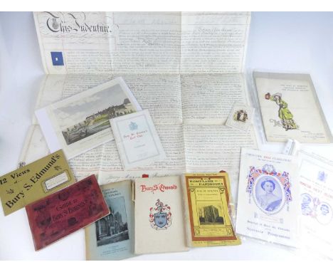 A collection of Bury St Edmunds related ephemera, comprising an 1865 land indenture for a property in Churchgate Street, the 