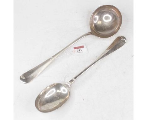 A large George V silver ladle, together with a matching silver serving spoon, each in the Hanoverian pattern, maker John Roun