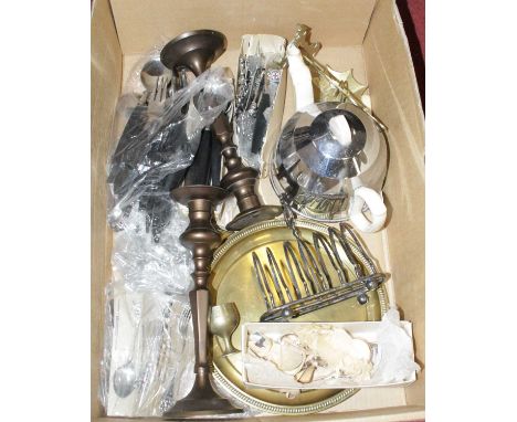 A box of miscellaneous items, to include a Heatmaster type teapot, a silver plated six-division toast rack, pair of reproduct