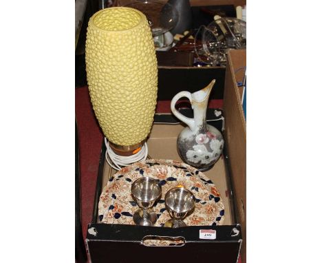 A 20th-century table lamp having a yellow bubbled plastic shade, together with hand painted glass ewer, pottery dish and two 