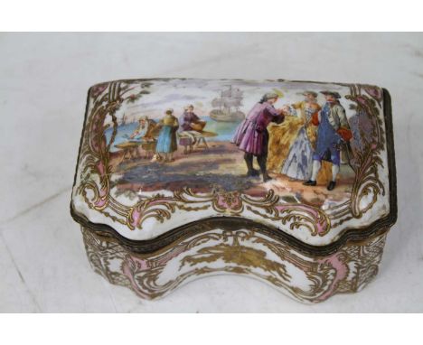 A 19th century porcelain trinket box, the lid enamel decorated with figures in 18th century dress, width 13.5cm (a/f)a/f as p