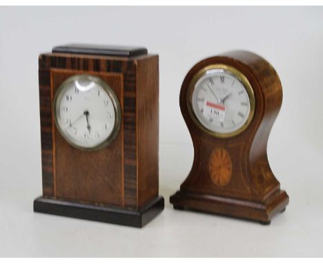 An Edwardian mahogany and inlaid balloon shaped mantel clock, having a later quartz movement and dial, height 22cm, together 