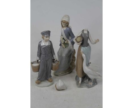 A collection of three Lladro porcelain figures, largest height 24cm (one a/f)Goose girl’s head is detached. Others intact.
