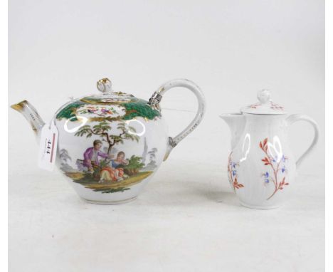 A Meissen porcelain teapot, enamel decorated with a courting couple, height 12cm, second quality (a/f), together with a Berli